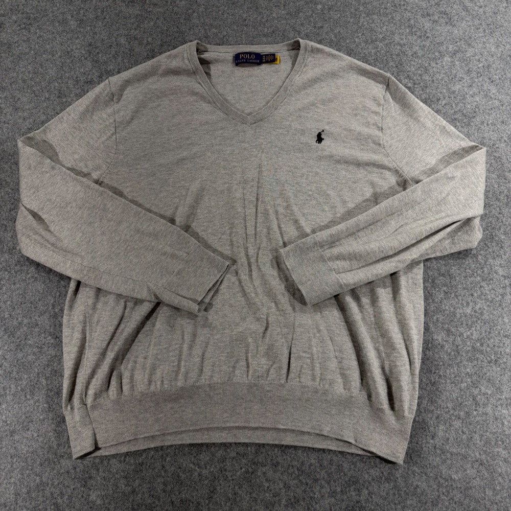Polo Ralph Lauren Mens XL Gray V-Neck Long Sleeve Pony Logo Knit Sweater